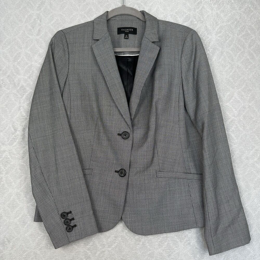 Talbots Petites Blazer Womens 12P Black White Wool Blend Career Office Business